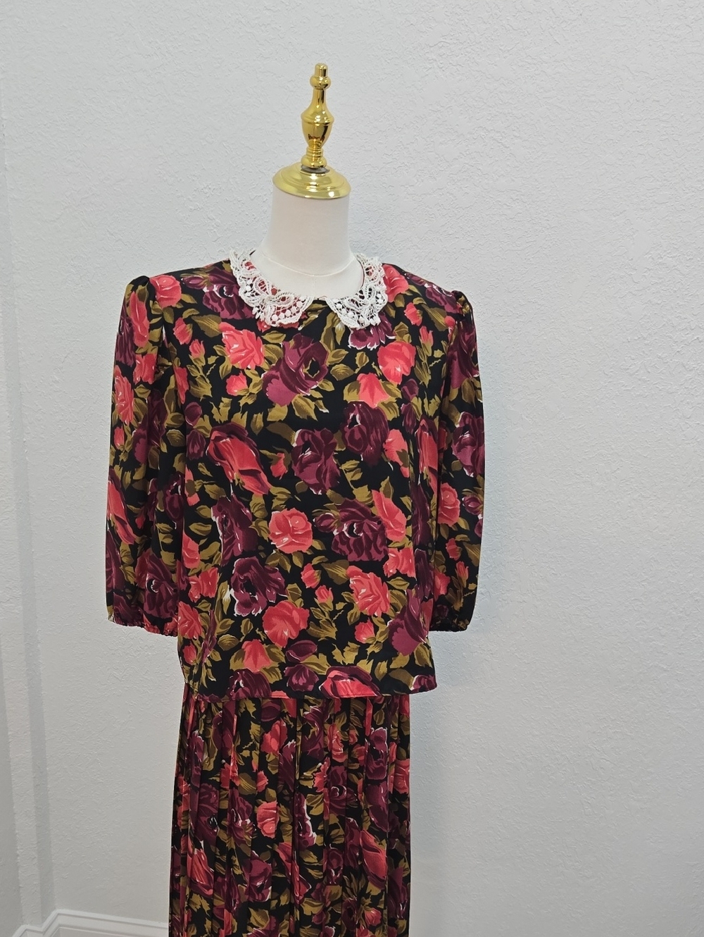 Vintage Floral Black Long Sleeve Dress.
